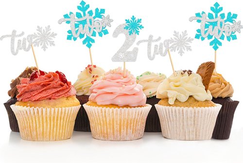 Ercadio 24 PCS Blue Snowflake Cupcake Toppers - Glittery Picks for Winter Onederland Theme Party