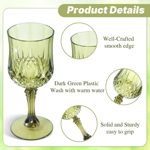 CHLJAR 24 Pcs Plastic Vintage Green Wine Drinking Glasses, 7oz Plastic Water Goblets Green Reusable Drinkware Vintage Unbreakable Champagne Glassware for Wedding Reception Grand Event Party