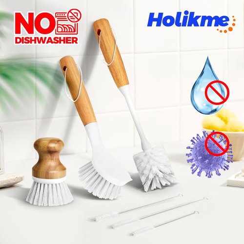 Holikme 6 Pack Dish Brush Scouring Pad Set with Bottle Brush, Dish Brush, Palm Scrub Brush and Straw Brush, Dish Scrubber Long Handle for Dish Bottle Cup Skillet Wok Pot Pan Cast Iron, White
