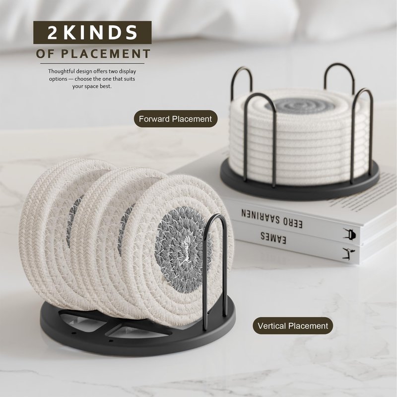 Lazebox Coasters Set of 8 for Drinks, Beer, Coffee, Cotton Woven Absorbent Coaster with Holder, Boho Coasters for Home Decor Tabletop Protection Suitable for Kinds of Cups, White & Grey