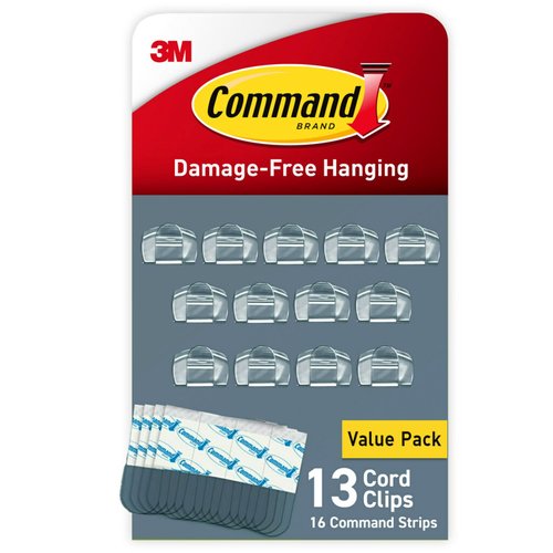 Command Round Cord Clips, Damage-Free Hanging Cable Clips, No Tools Wall Clips for Hanging Electrical Cables of Christmas Decorations, 13 Clear Cord Clips and 16 Command Strips