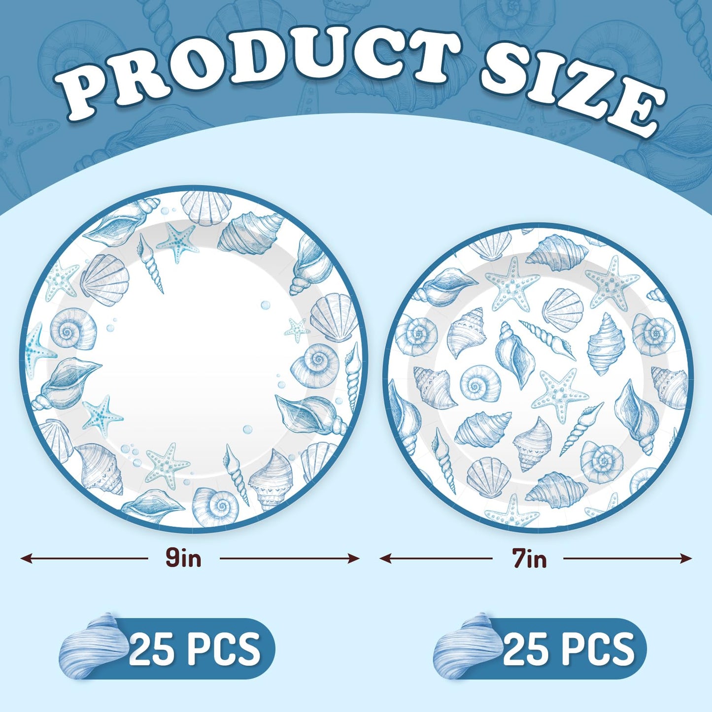 FYSUIMU 50 Pcs Ocean Paper Plates Blue Seashell Disposable Plates 7 & 9 Inch Summer Sea Beach Theme Dessert Plate for Birthday Baby Shower Wedding Party Tableware Supplies