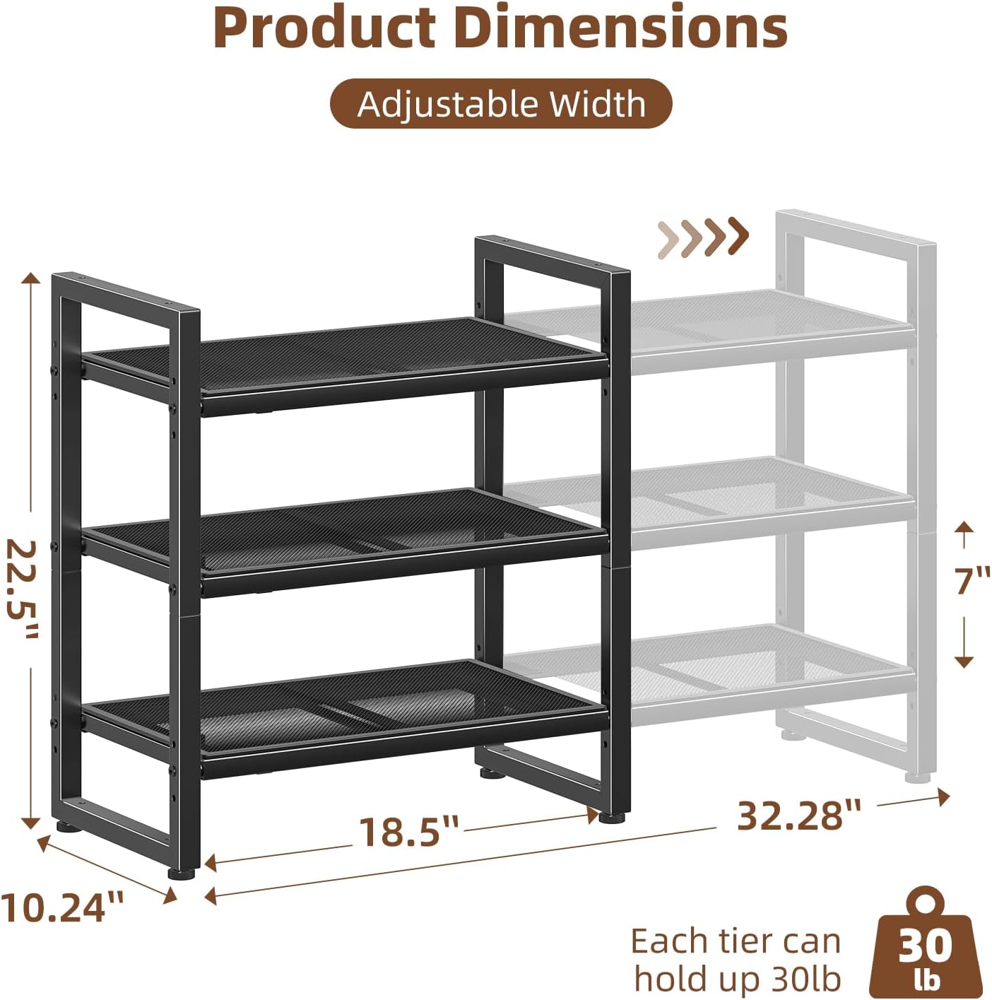 Simple Trending 3-Tier Expandable Shoe Rack - Adjustable Metal Mesh Organizer for Closet & Entryway, Black