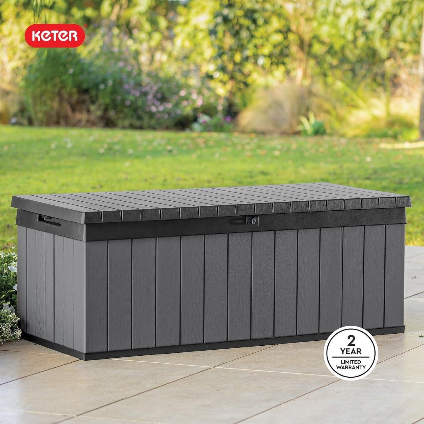 Keter Darwin 100 Gallon Resin Deck Box - Outdoor Storage for Furniture, Cushions & Tools | Grey & Black