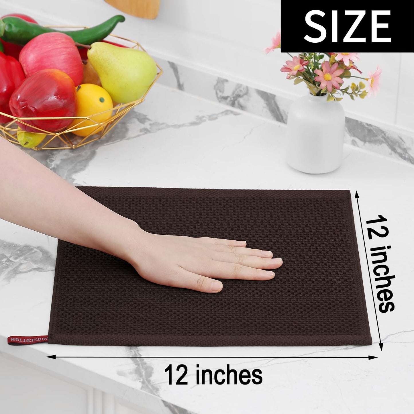 Homaxy 100% Cotton Waffle Weave Kitchen Dish Cloths, Ultra Soft Absorbent Quick Drying Dish Towels, 12 x 12 Inches, 12-Pack, Dark Brown