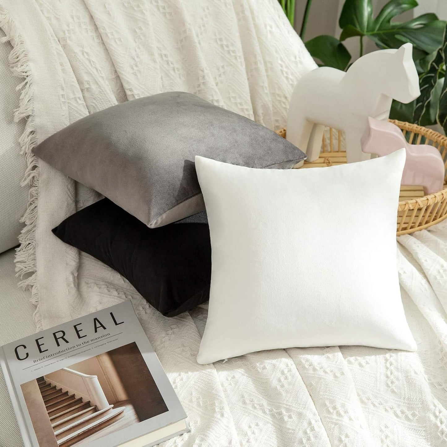 MIULEE Velvet Pillow Covers - Soft Decorative Square Cushion Cases for Couch & Sofa | 12x12 Inch Pure White (Pack of 2)