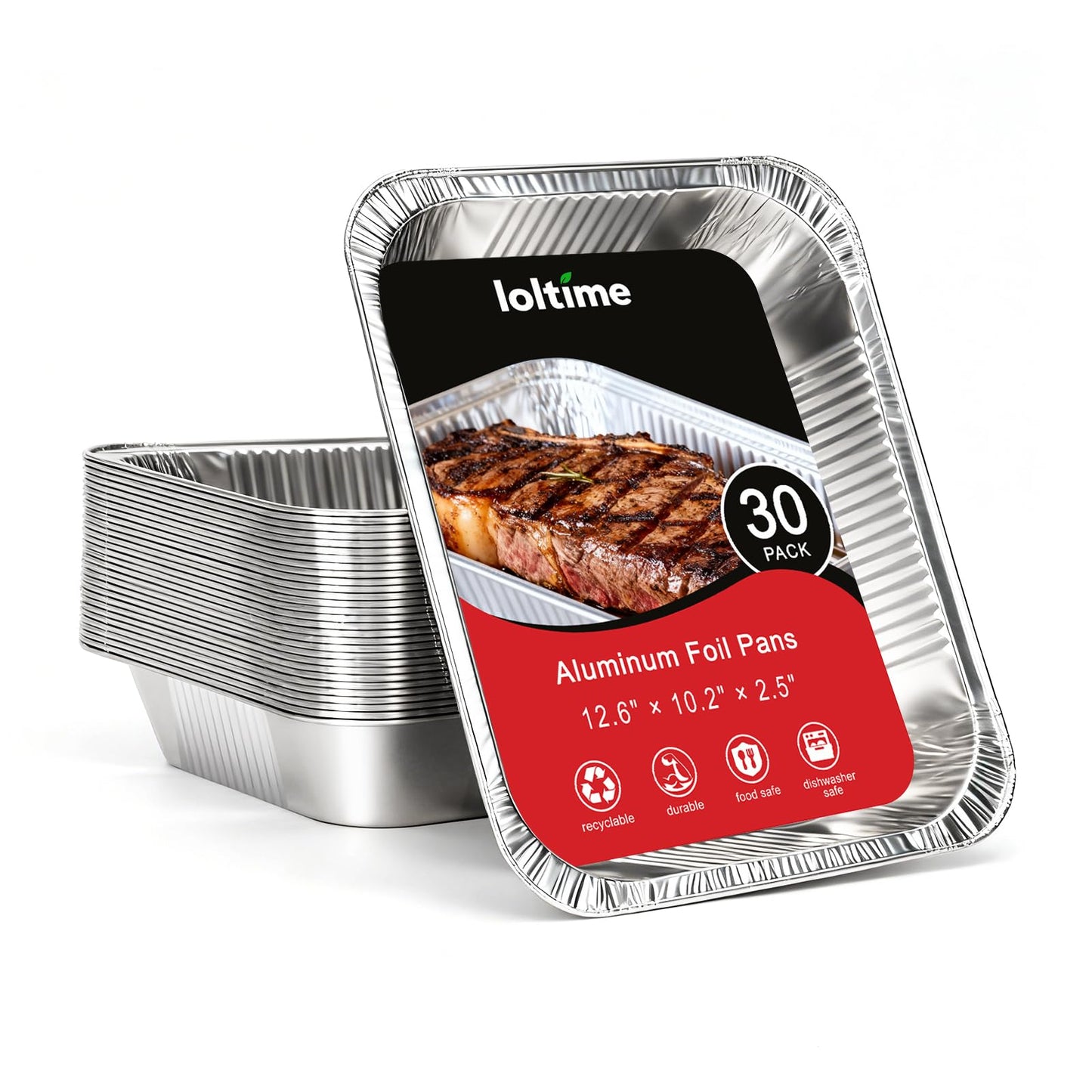 LOLtime Aluminum Pans Disposable Half Size (30 Pack) – 9x13 Heavy Duty Foil Pans, Durable & Recyclable Baking Pans, Table Trays, Great for BBQ, PCooking, Roasting, Heating