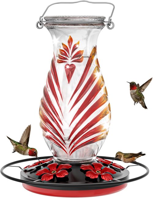 Hummingbird Feeder - 24oz Glass Nectar Feeder with Perch & 5 Flower Ports | Leakproof Outdoor Decor