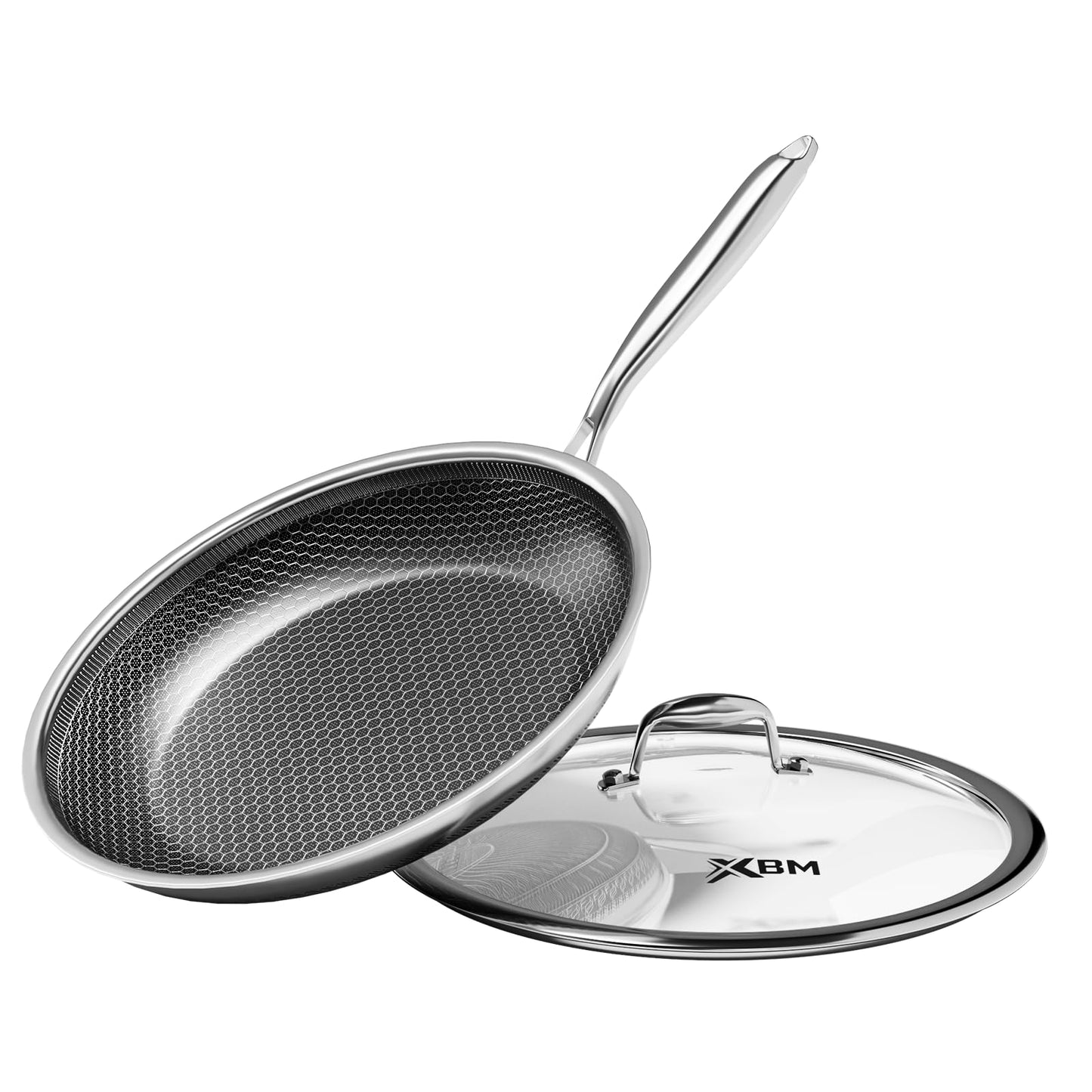 XBM Nonstick Frying Pan with Lid 10-Inch, Durable Stainless Steel Skillet, Induction Cooktop Compatible, PFOA-Free Scratch-Proof, Dishwasher & Oven Safe, Stay-Cool Handle, Silver Kitchen Cookware