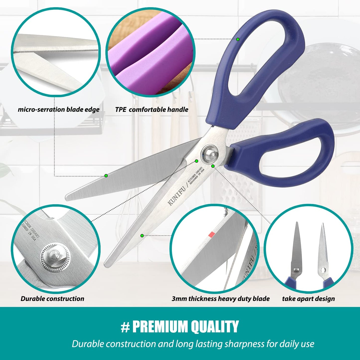 KUNIFU Kitchen Scissors, All Purpose Kitchen Shears, Heavy Duty Come Apart Scissors Gadgets Utensils - Black