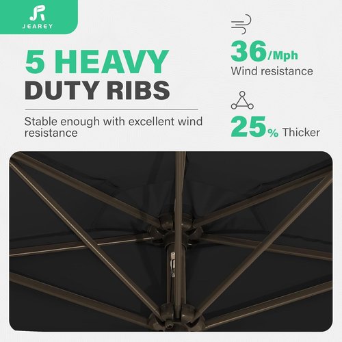 JEAREY 9ft Half Patio Umbrella - Crank-Operated, UV Protection, 1/2 Round Design for Pool & Garden - Black
