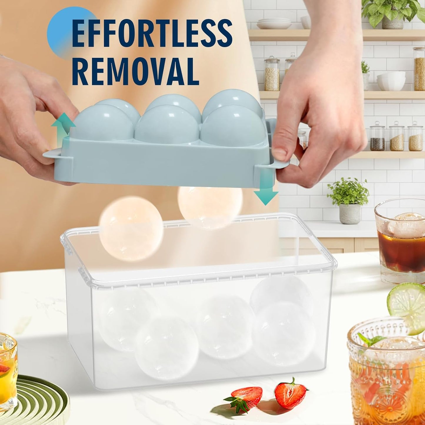 Large Ice Ball Maker - 2.5" Round Ice Cube Mold for Whiskey & Cocktails | 8 Sphere Ice Balls with Tray & Tongs