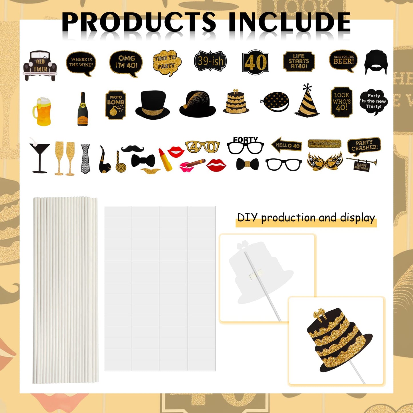 40th Birthday Photo Booth Props - 41 Pcs Black and Gold Decor, Funny Milestone Party Supplies for Men & Women, Retro 1986 Theme Selfie Station Accessories for Surprise Party, 40th Celebration Bash