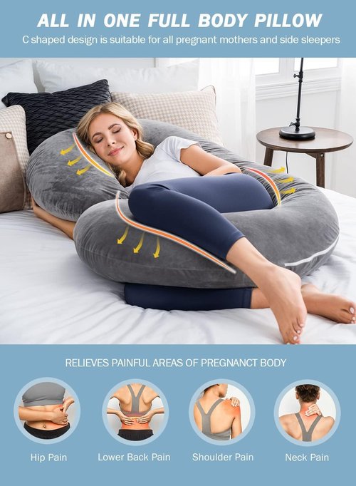 INSEN Pregnancy Pillow - C Shaped Maternity Pillow with Jersey Cotton Cover | Gray Color