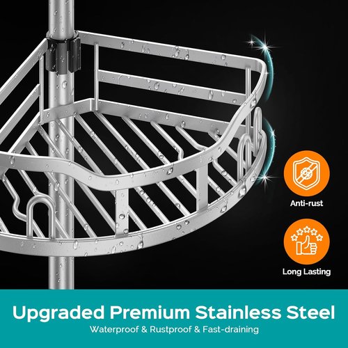 HAMITOR Corner Shower Caddy - Rustproof 4-Tier Bathroom Organizer for Shampoo & Soap - Adjustable 47-121 Inch Silver Gray