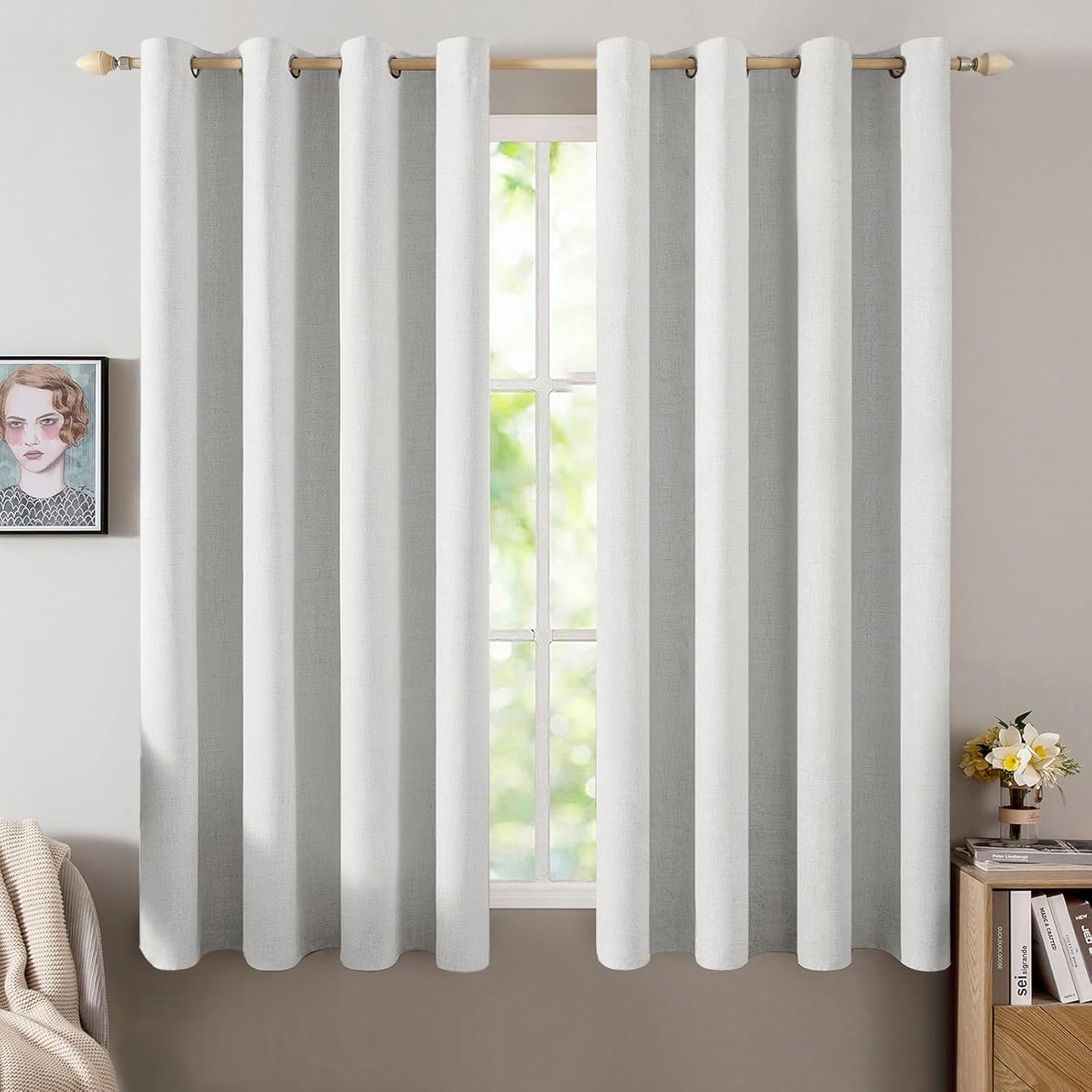 MIULEE Blackout Linen Textured Curtains - Thermal Insulated Heathered White Drapes | 52 x 45 Inch (2 Panels)