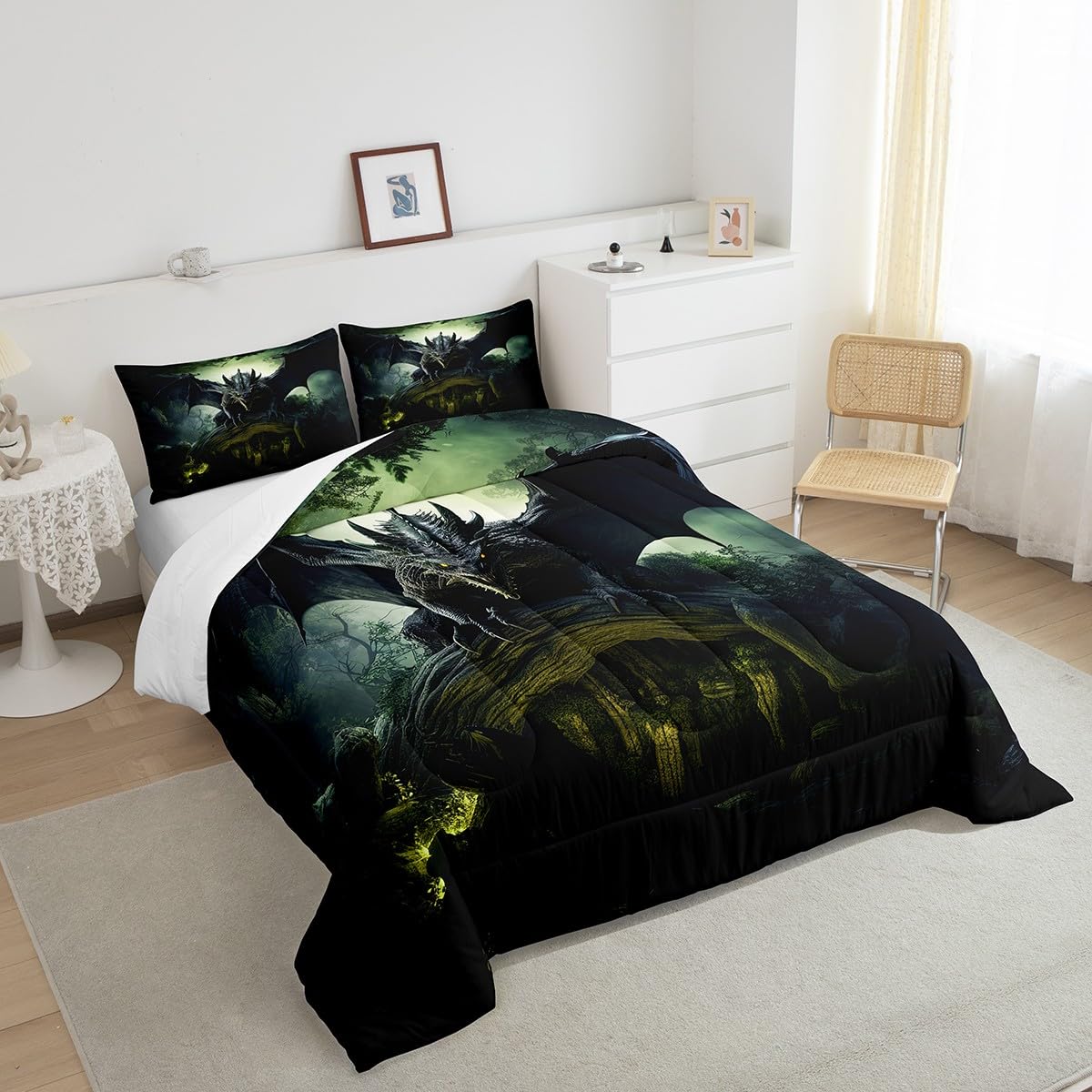 Erosebridal Flying Dragon Bedding Print for Boys Girls Room Decor - Dragon Bedding King, Exotic Dragon Comforter Set Tropical Rainforest Quilt Soft Microfiber Duvet Insert with 2 Pillow Cases