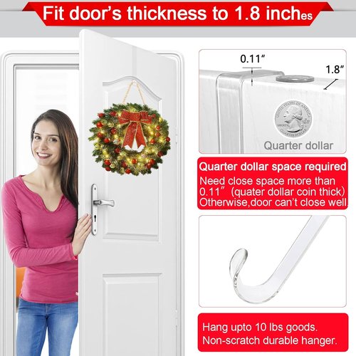 Clear Wreath Hanger Hooks - 15 Inch Non-Scratch Over The Door Hooks | 2 Pack for Fall & Christmas Decor