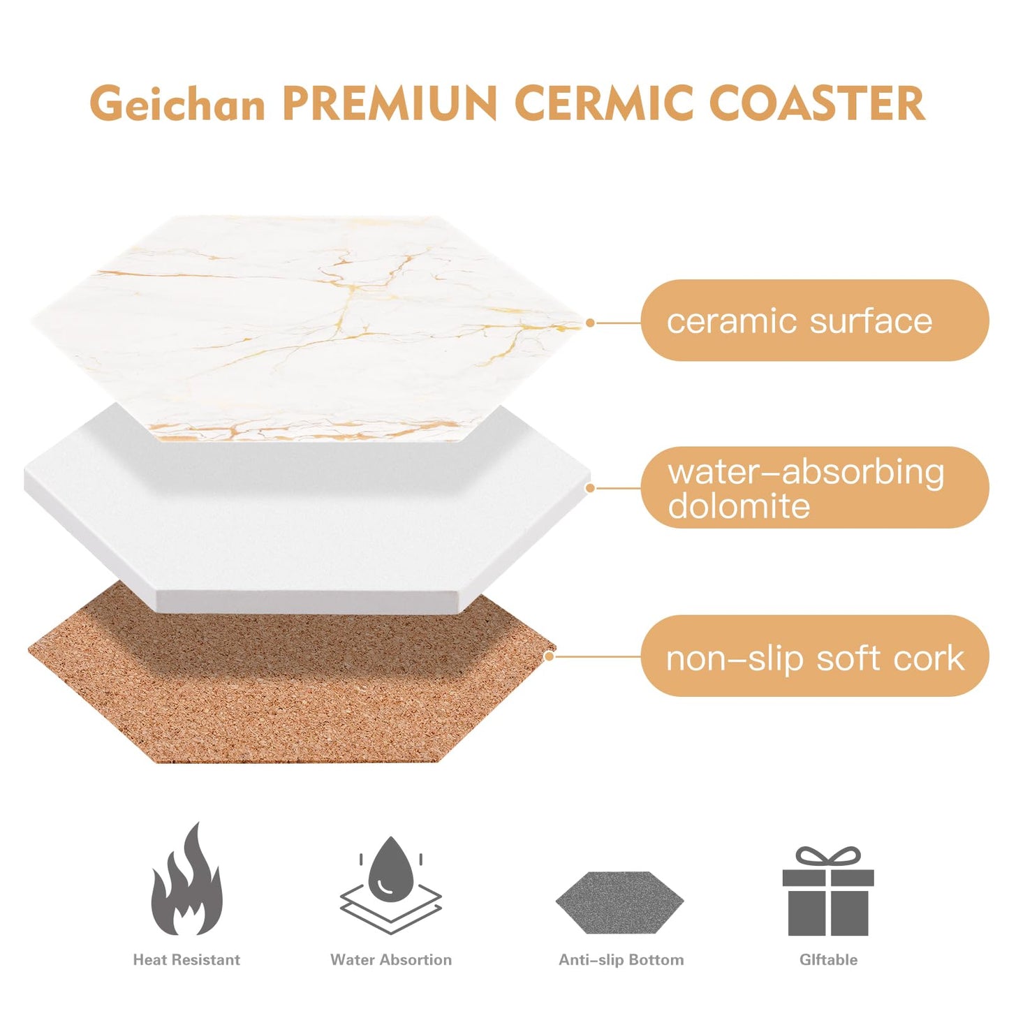 Marble Coasters for Drinks Absorbent with Cork Base, 6pcs Drink Coasters for Wooden Table with Metal Holder, Gold Ceramic Cup Coaster Set Home Decor for Housewarming