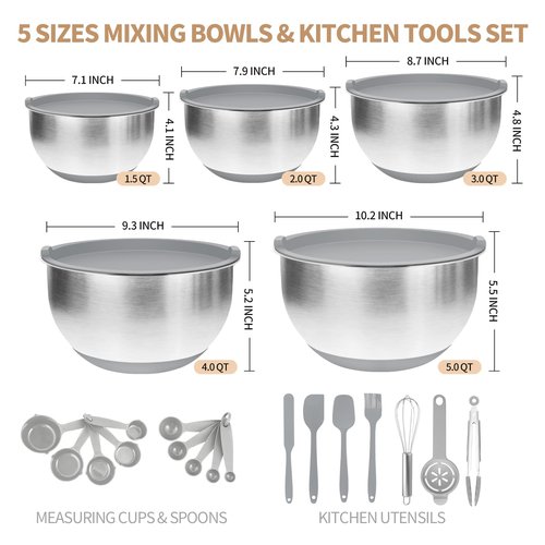 Deedro Premium Mixing Bowls with Airtight Lids Set, 22Pcs Thicker Stainless Steel Mixing Bowl Set, Large Prep Metal Bowls, Non-Slip Silicone Base Nesting Bowls for Kitchen, 1.5/2/3/4/5 QT, Gray