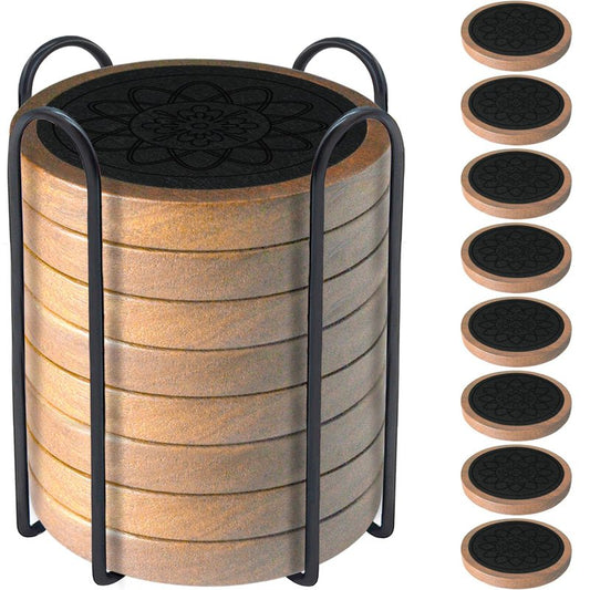 Wood Coasters for Drinks Set of 8, Minacun Absorbent Coaster, Drinks Coasters for Coffee Tabletop Protection, Non-Slip, Non-Stick, Suitable for Kinds of Cups Wooden Table Drink, 4.3 Inch Black