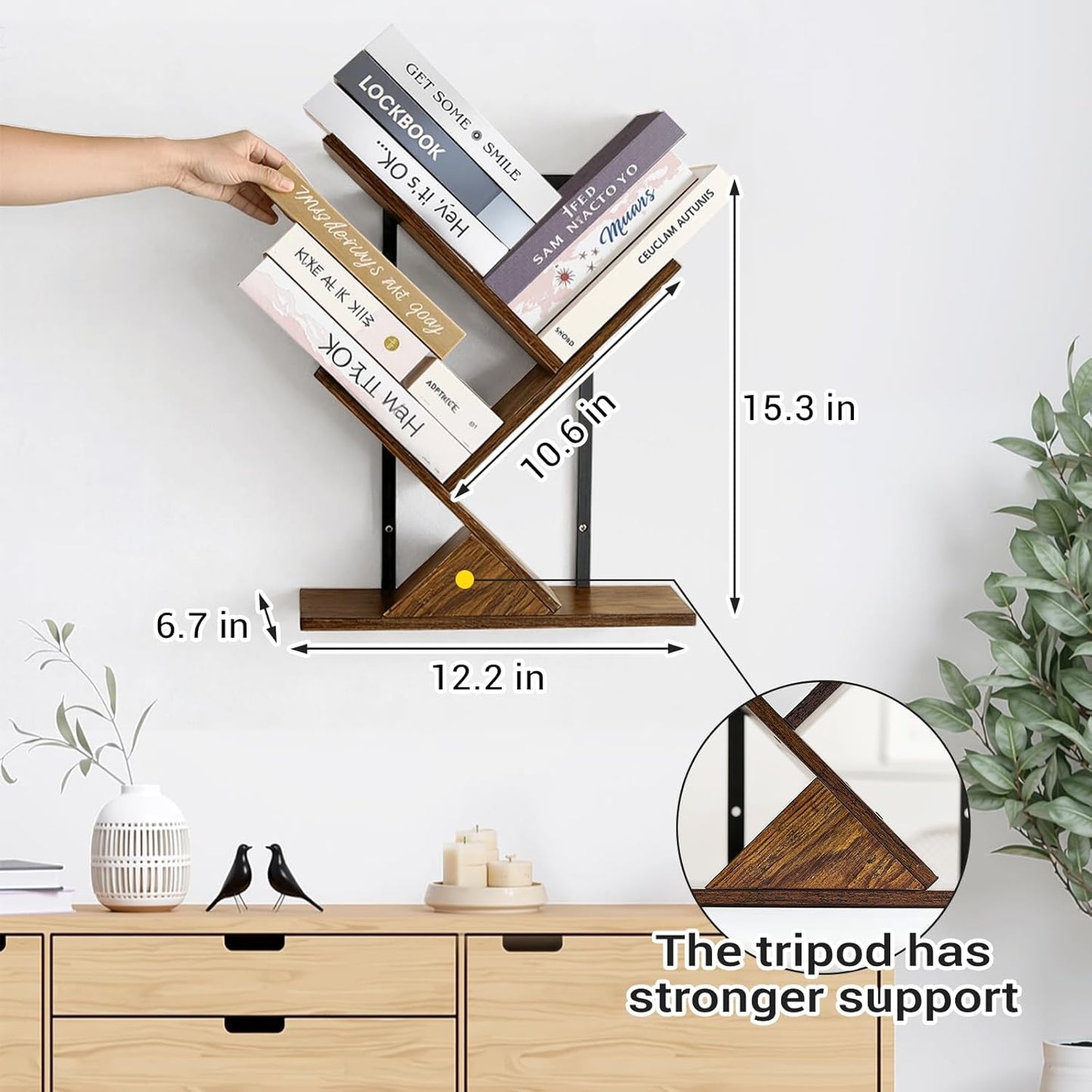 Rustic Brown & Black 3-Tier Tree Book Shelves | Unique Wall-Mounted Floating Bookshelf Organizer