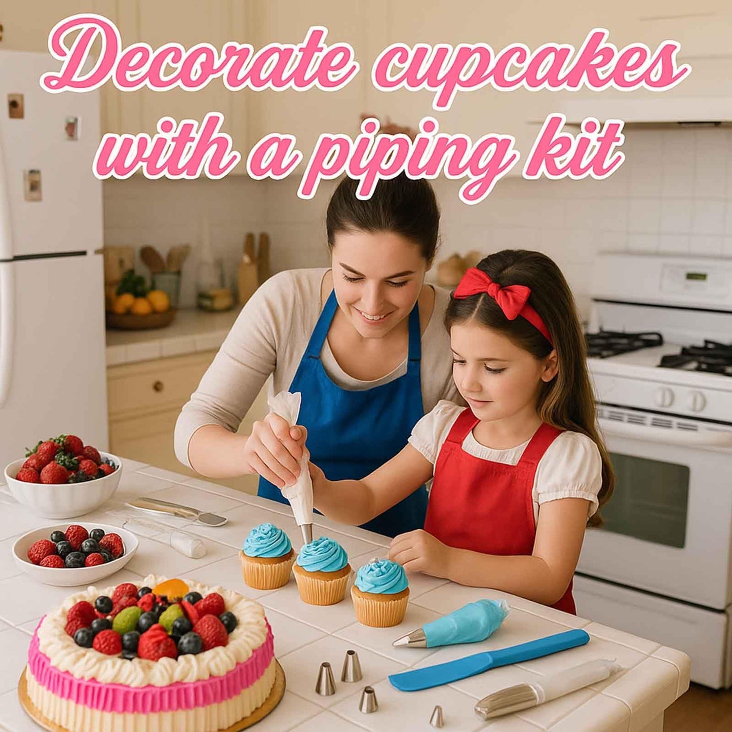 Piping Bags and Tips Set, Reusable Cake Decorating Kit with 24 Stainless Steel Icing Tips,2 Reusable Silicone Piping Bags,2 Couplers,3 Scrapers, Bag Ties & Brush for Baking, Cookie Icing and Cupcakes