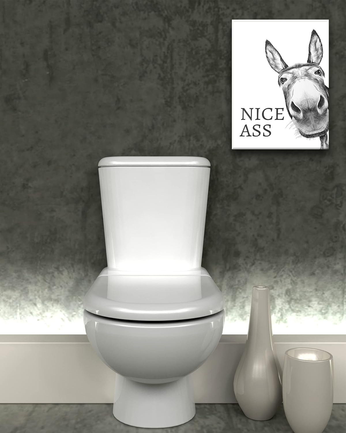 UPWOIGH Funny Bathroom Wall Art - Black and White Donkey Canvas Print | Waterproof Framed Decor, 12x16in