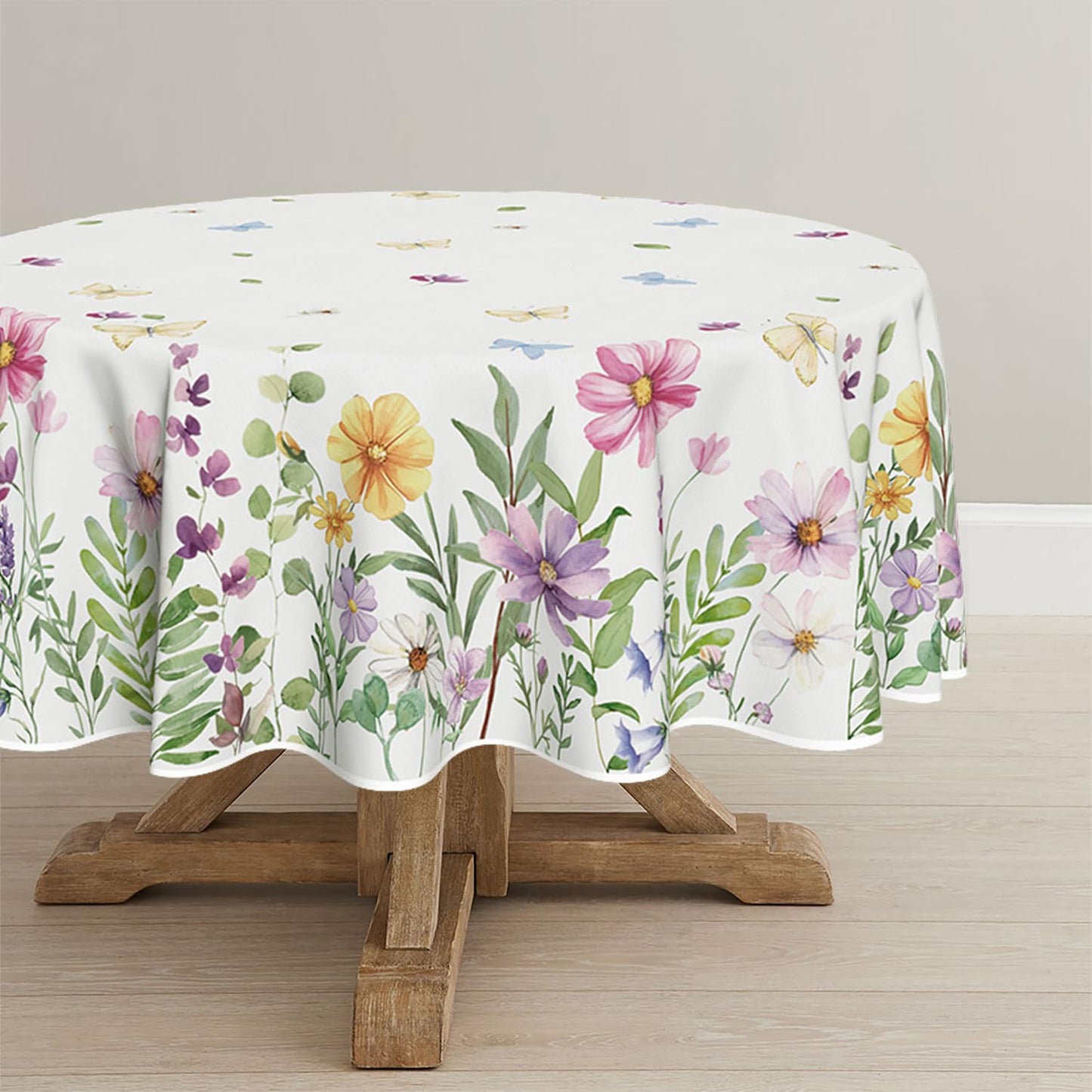 Horaldaily Spring Tablecloth 70×70 Inch Round, Wildflowers Floral Butterfly Washable Table Cover for Party Picnic Dinner Decor