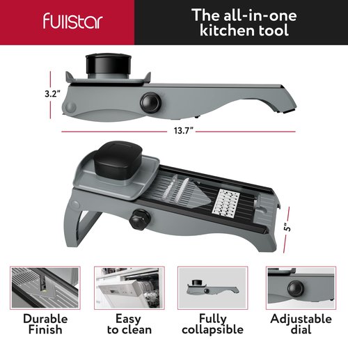 Fullstar Mandoline Slicer for Kitchen – Stainless Steel Vegetable Cutter & Cheese Grater with Adjustable Blades, Safety Glove & Catch Tray Included (7-in-1, Silver)
