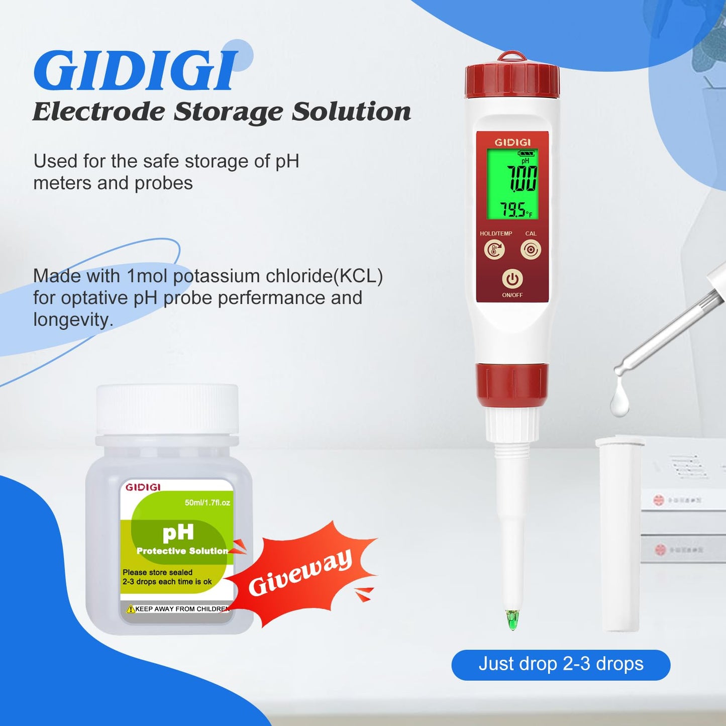 pH Calibration Solution Kit (4,7,10 pH Buffer Solution) & pH Electrode Storage Solution 3 * 50ml pH Buffer Calibration Solution + KCl pH Probe Storage Solution for All pH Meters with High Accuracy