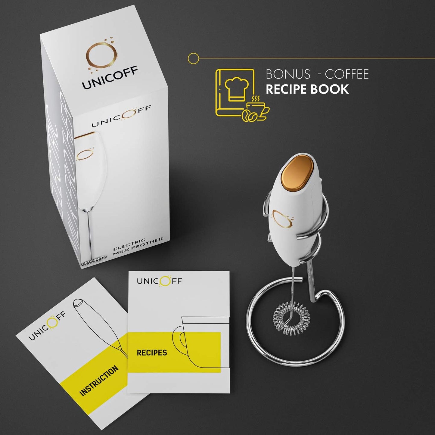 Skiennix Milk Frother - Handheld Electric Whisk with 19000 RPM - Includes Recipe Book & Stainless Steel Stand - Elegant White and Gold Design