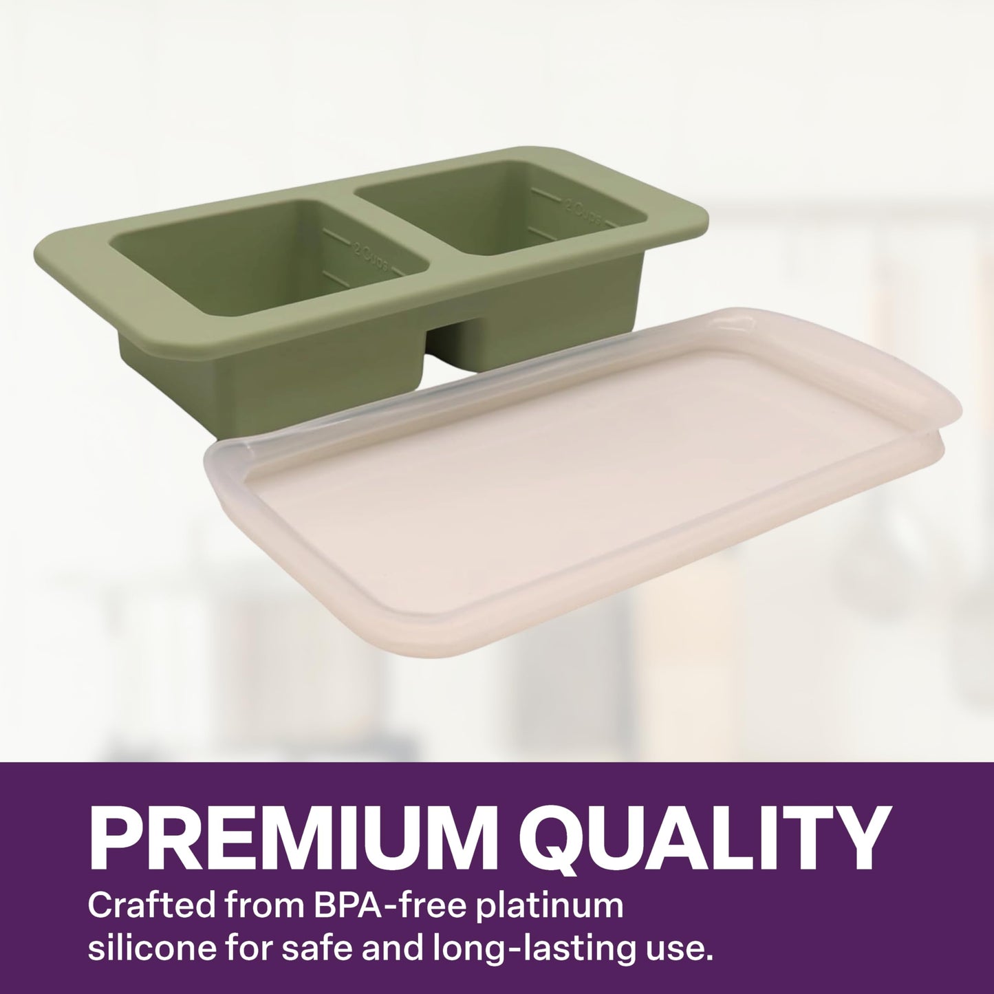 Silicone Freezer Tray with Clear Lid, 2 Compartments with 2 Cup Capacity Each, Large Ice Cube Molds, Microwave and Dishwasher Safe, for Freezing Soup, Sauce, Broth, etc. Sage Green