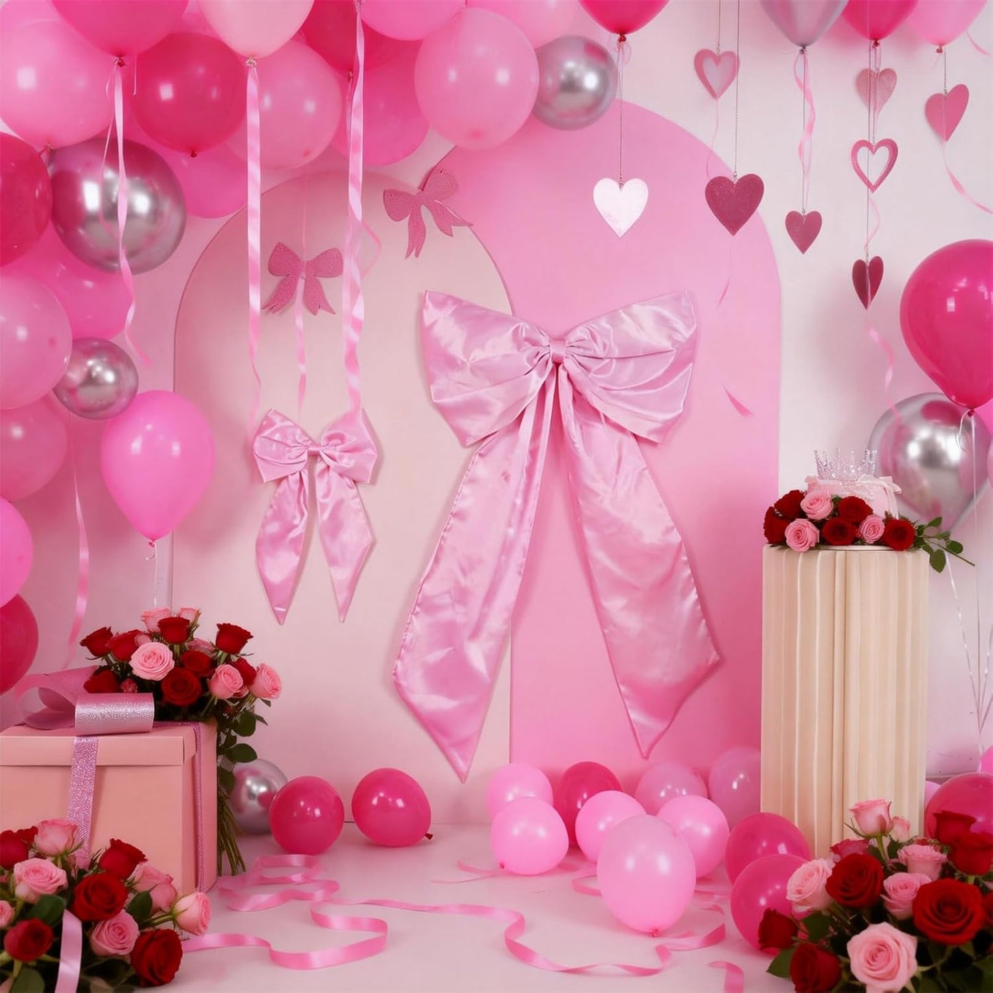Skiennix Pink Bow Decor - 2 Pack of Large & Small Coquette Wall Backdrop for Valentine's Day & Showers