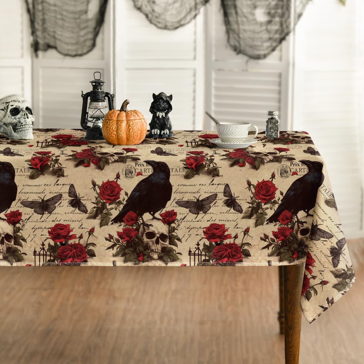 Horaldaily Halloween Tablecloth 60×60 Inch Square, Crow Skeleton Roses Washable Table Cover for Party Picnic Dinner Decor
