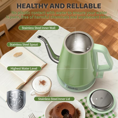 Gooseneck Electric Kettle(0.8L),1200 Watts Fast Boiling,Stainless Steel BPA Free,Automatic Shut Off,Pour Over Kettle for Small Kitchen,RV,Trip,Coffee & Tea- Green