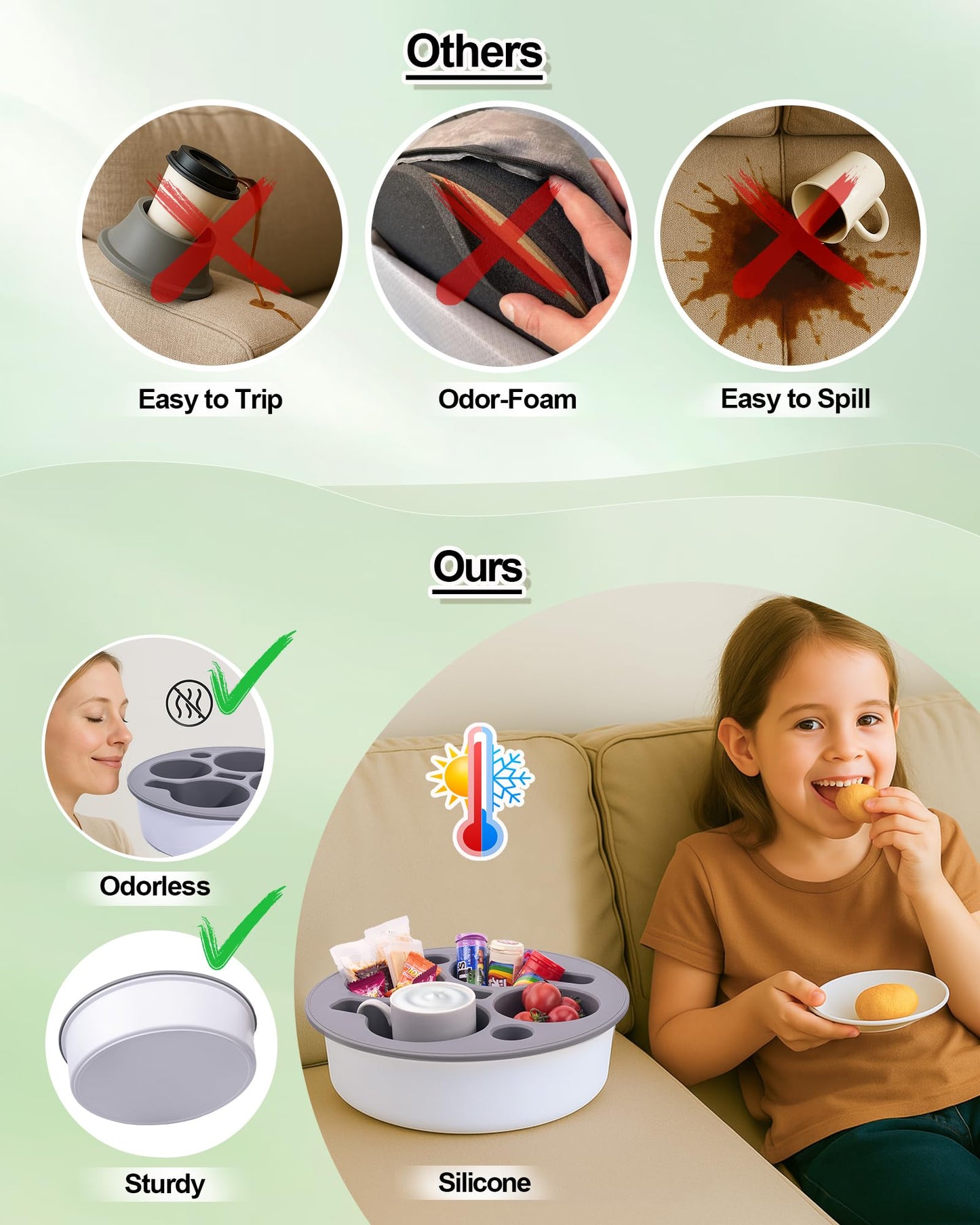 Couch Cup Holder Tray Round, Bonfixe 4-Cups Bedside Drink Holder for Elderly/Pregnancy, Stable Non-Spill Silicone Couch Caddy for Remote Control, Glasses‌, Snacks, Phones‌ (Black)