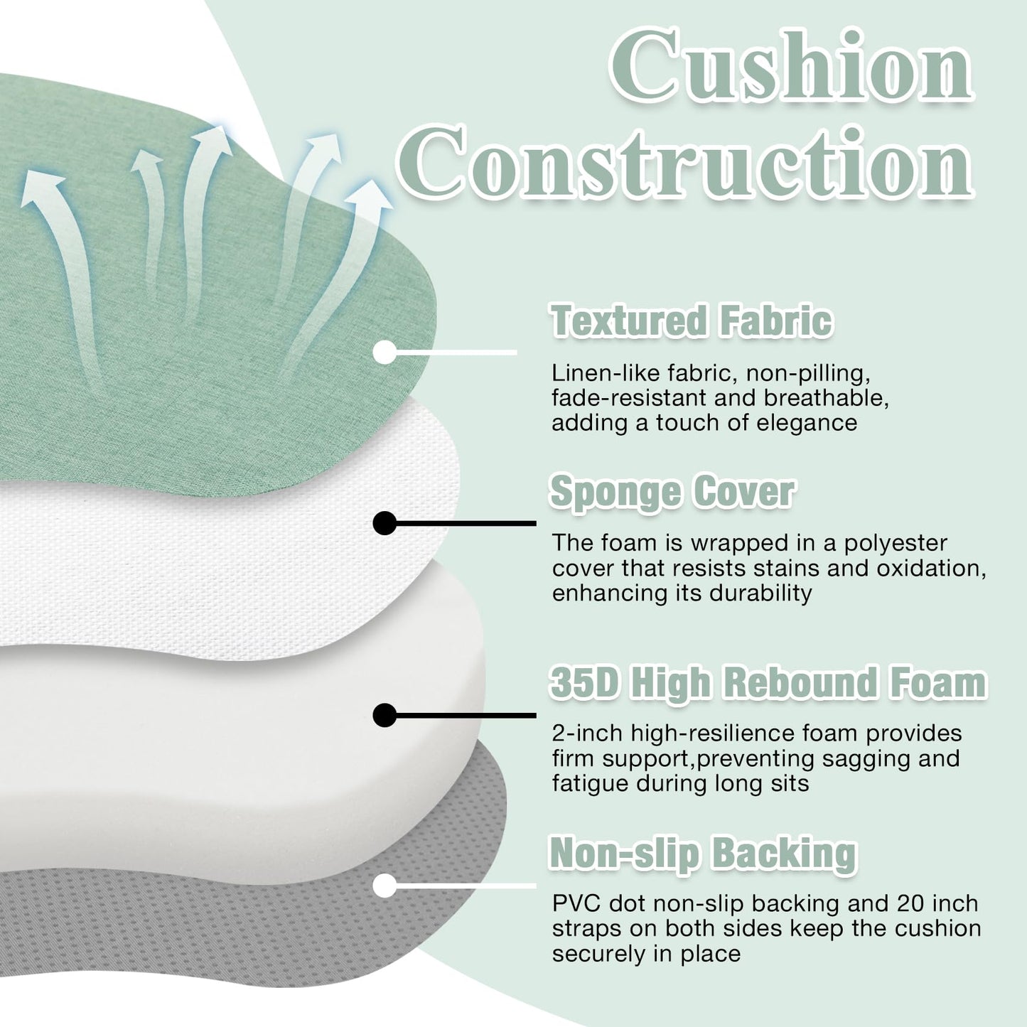 PRONOUS Light Green Winsor Chair Cushions with Ties, Dining Kitchen Chair Seat Pads Non Slip Removable Washable Cover 17"x16" Set of 2