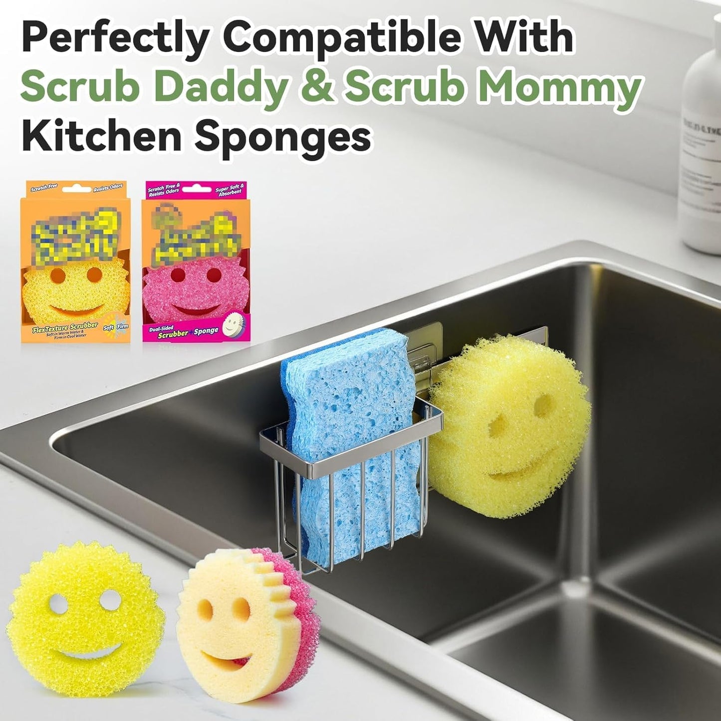 Scrub Daddy Sponge Holder - Rust-Proof Kitchen Sink Organizer with Suction Cups & Hooks | Space-Saving Design
