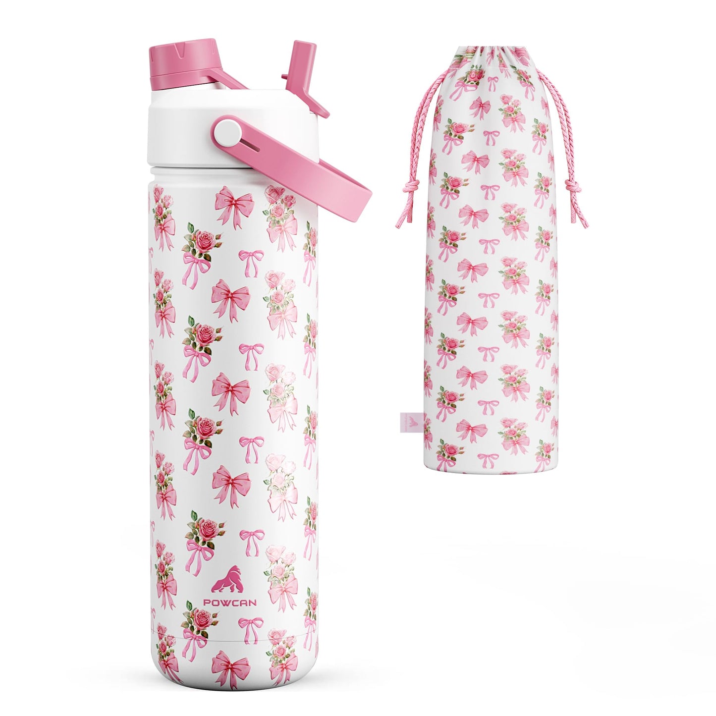 POWCAN 26 oz Insulated Water Bottle with 2-in-1 Straw and Spout Lid, Keep Cold 24H, Leak-Proof, Fits in Car Cup Holder, Stainless Steel Water Bottle for Sports, Travel, Gift, and School (Rosy Bouquet)
