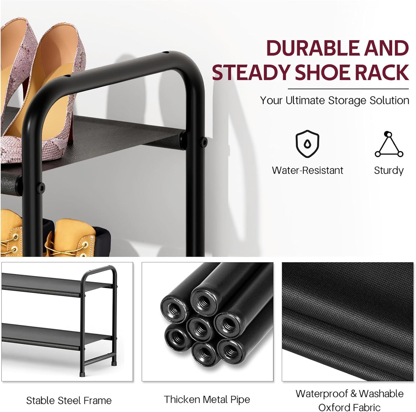 Sleeping Lamb Long 2-Tier Shoe Organizer - Stackable Rack Holds 18 Pairs | Black Storage Solution for Closet & Entryway