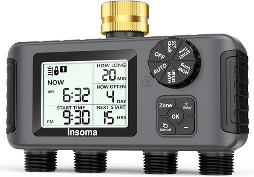 Insoma 4 Zones Sprinkler Timer - Brass Inlet Water Timer for Garden Hose | Auto/Manual/Rain Delay Modes