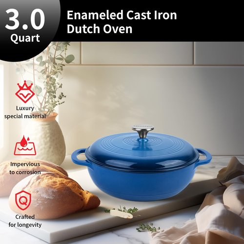 Enameled Cast Iron Braiser, 3 Quart Enameled Cast Iron Skillet with Lid, Oven Safe up to 500° F or on Stovetop, Suitable for Marinate, Cook, Bake, Refrigerate and Serve, Blue
