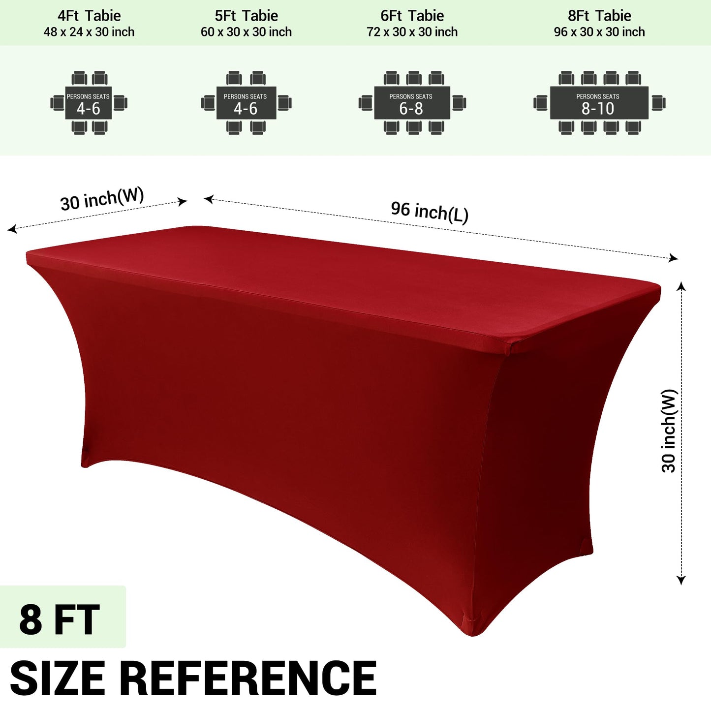 Obstal 8Ft Stretch Spandex Table Cover for Standard Folding Tables - 2 Pack Universal Rectangular Fitted Tablecloth for Party, Banquet, Events, Trade Show (Dark Red, 96L x 30W x 30H Inches)