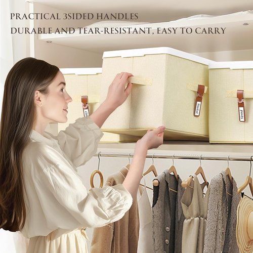Homsorout Large Clothes Storage Bins - Decorative Organizers with Lids & Labels | 2 Pack in Beige Yellow