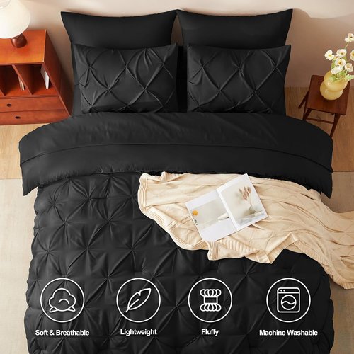 CozyLux Queen Comforter Set - 7-Piece Pintuck Bedding in Black | Premium Queen Size with Sheets & Pillowcases