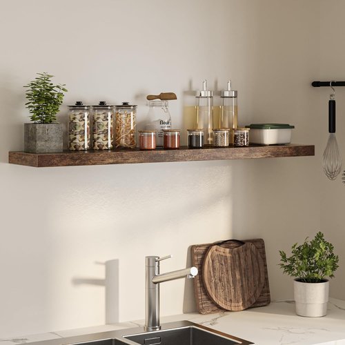 FLYJOE Floating Wall Shelf - 55"W Long Wooden Display Shelf with Invisible Brackets | Rustic Brown