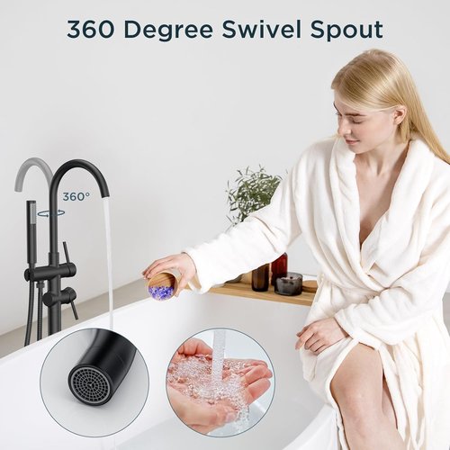 FORIOUS Freestanding Tub Faucet - High Flow Brass Bathtub Filler with Handheld Shower Mixer | Matte Black