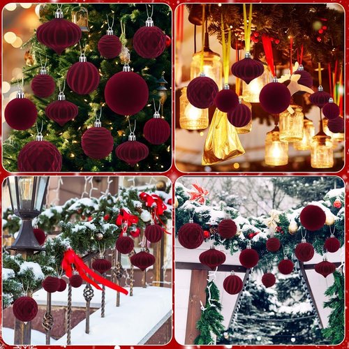 Celltestria Velvet Christmas Balls - 28PCS Flocked Shatterproof Burgundy Ornaments for Holiday Decor