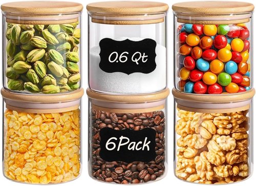ComSaf Airtight Glass Food Storage Jars - Set of 6 Clear Containers with Wooden Lids | Stackable Spice Jars for Sugar, Tea, Coffee, Pasta, Oats